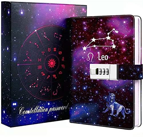 Dzhzal Diary with Lock, Starry Sky Journal for Boys Girls Women Lockable Leather Constellation Diary with Gifts Box, Personal Secret Locking Refillable A5 Notebooks 8.5 X 5.9