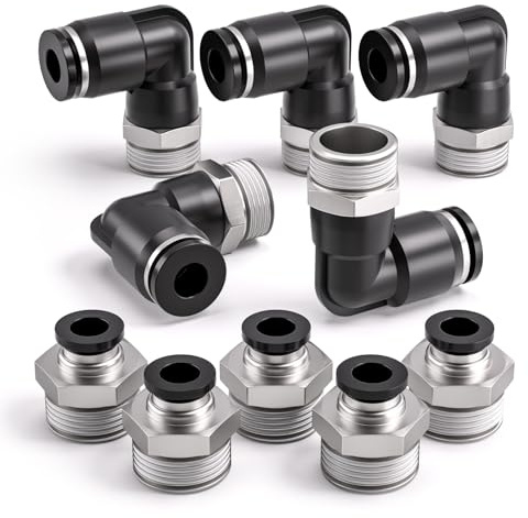 Bwintech 10 piezas de tubo de 10 mm a rosca macho BSP de 3/8 recto y codo de 90 grados Push in Connect Racor neumático,PL10-03/PC10-03 Adaptador rápido para línea de aire