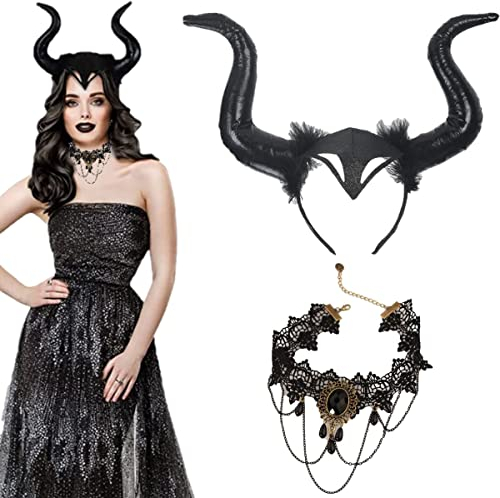 KARLOR Königin Hörner Kopfschmuck, Horn Kopfbedeckung & Spitzenhalskette, Teufelhörner Haareifen Damen Halloween gotisch Kostüm Böse Stirnband Schwarz Haarband für Karneval Maskerade Cosplay