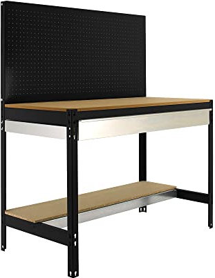 Cofan Banco de Trabajo | Mesa de Trabajo con Panel Perforado | Incluye 2 estantes de Madera y 1 cajón | Color Antracita | Medidas: 1445 x 1210 x 610 mm