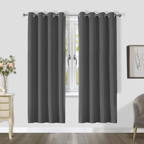CUCRAF Blackout Curtains for Bedroom, Dark Grey 72 Inch Drop 2 Panels - Thermal for Living Room, Eyelet Black Out as Soundproof Room Dividers W46 x L72
