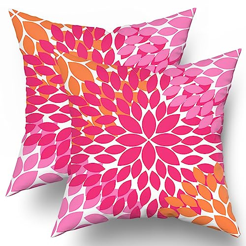 Kawani Preppy Kissenbezüge in Hot Pink Orange, 40,6 x 40,6 cm, Dahlien-Blumenmuster, geometrisch, dekorativer Kissenbezug, 2er-Set, ästhetisch, quadratisch, Heimdekoration, für Wohnheim, College,