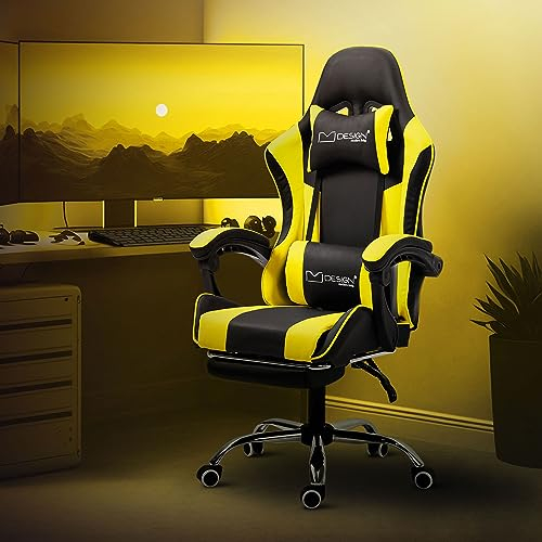 ML-Design Massage Gaming Stuhl Schwarz-Gelb Kunstleder, Ergonomischer Bürostuhl, Verstellbarer Drehstuhl, Racing Gamer Stuhl mit Armlehne, Kopfstütze, Lendenkissen, Fußstütze, Schreibtischstuhl Sessel