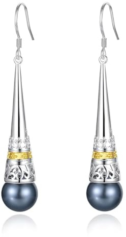 MetJakt Damen Ohrringe 925 Sterling Silber Hängend mit Perlen Vintage Antik Stil Tropfen Perlmutt Naturstein Perlen Lang Earrings für Frauen (Tahiti perlen)