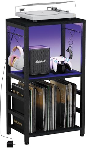 YAKANJ End Table with LED Light,Record Player Stand with Albums Storage,Vinyl Records Storage,Turntable Stand Side Table for Music Room Studio Living Room Bedroom-Modern Black
