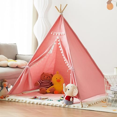 Uixxducc Tipi Zelt für Kinder,Tipi Kinderzelt Zelt Kinderzimmer, Kinderzelt für Drinnen Spielzelt Kinder Indoor Lesezelt Kuschelecke Kinderzimmer Deko (Rosa,1.35M)