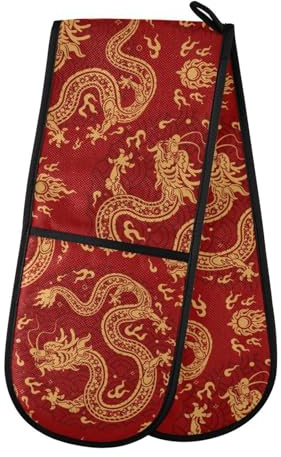 Double Oven Gloves Heat Resistant Chinese Dragon Double Oven Mitts Pot Holder Heat Protection Oven Gloves for Home Kitchen Baking Cooking BBQ Microwave