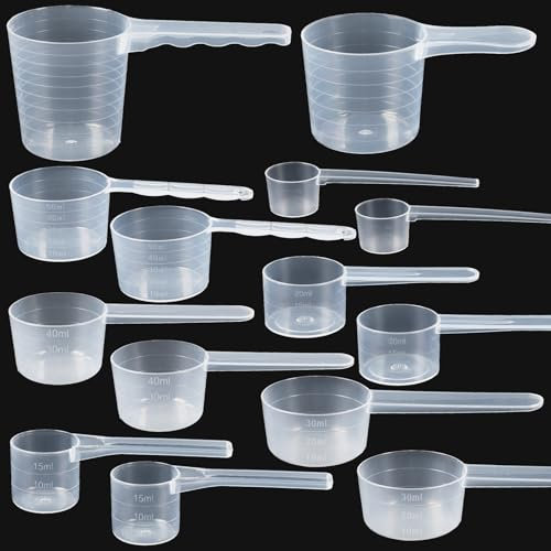 Sinofort 14 PCS Measuring Spoons, Plastic Transparent Dosing Spoons for Milk Powder, Protein Powder, Flour, Kitchen Supplies (Capacity 100ml, 70ml, 50ml, 40ml, 30ml, 20ml, 15ml, 10ml)