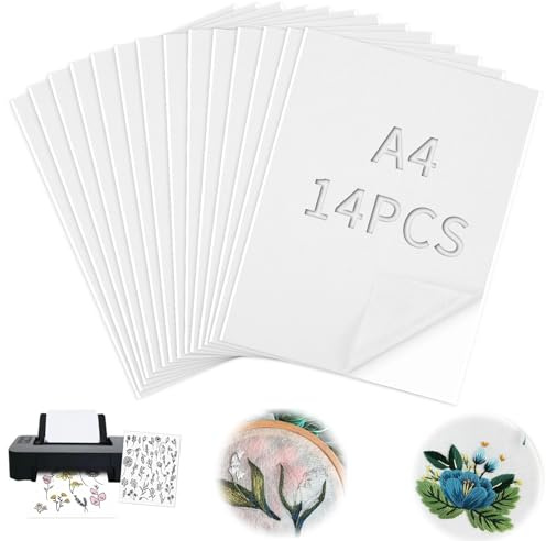 TXXATX Stickvlies Wasserlöslich Selbstklebend 14 Blätter Stickvorlagen Wasserlöslich A4 (30x21 cm) Wasserlösliches Stickvlies Druckbar Stickfolie Wasserlöslich für Bestickt Handgemachte Arbeit