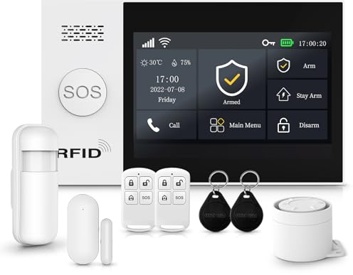 XNY 4.3 Pulgadas Pantalla Táctil Alarmas para Casa,WiFi/4G Alarma Casa Inalámbrica, Sistema de Alarma con Sirena, 8 Piezas: Detector de Movimiento, Sensores de Puertas y Ventanas, Mando a Distancia
