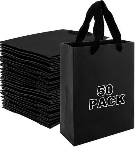MIVIDE 50 stycken presentpåsar papperspåse, 15 x 6 x 20 cm svarta papperspåsar med handtag, återanvändbara papperspåsar för bröllop jul presenter