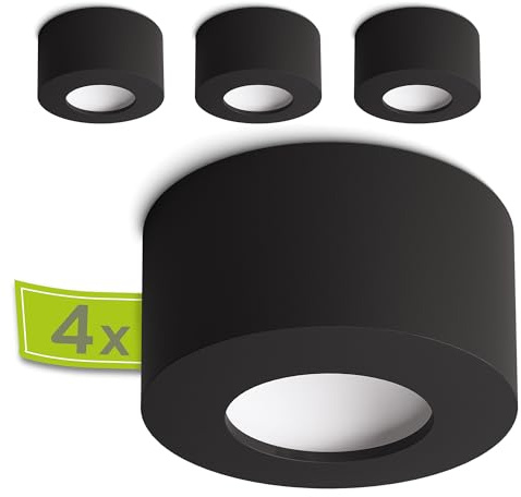 linovum TASI Aufbauspot schwarz rund flach Ø108mm 6W warmweiß Lichtfläche | Flacher Deckenspot schwarz - gewölbte Leuchtfläche, warmweiß, für Wohnzimmer, Flur & Büro, direkt an 230V, festverbaute LED