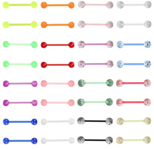 agogue 32 Stück Zungenpiercing,Nippelpiercing Brustwarzenpiercing Zungenpiercing Kunststoff Nipple Piercing, Kugeln Piercing Zunge Nippel Piercings Set Neon Farben Kugel 16mm