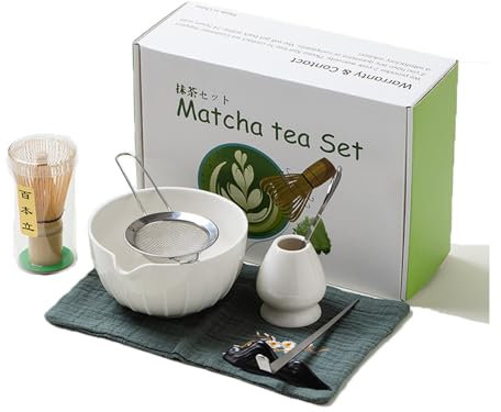 Fleymu Matcha Kit Japonés (8pcs), Batidor de Matcha Set | Chasen Bambu Matcha, Cuchara, Soporte para Batidor, Tamiz de Té y Cuenco de Cerámica Matcha, Matcha Whisk Tradicional Kit de Inicio