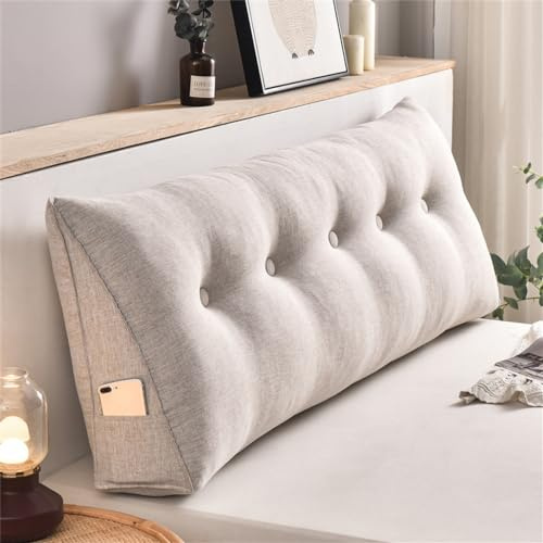 Treer Rückenkissen Lesekissen Keilkissen für Bett Sofa, Abnehmbarem Lendenkissen Rückenlehne Dreieckigen Bezug Kopfteilkissen Bettkissen mit Seitenfach (Baumwollleinen Aprikose,80x50x20cm)
