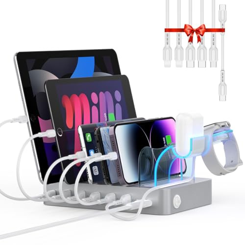 SooPii 60W 6-Port Ladestation für mehrere Geräte, PD 20W USB C Schnellladung für lPhone 14/13/12, 2-in-1 I Watch Holder, 6 Kabel Included für Telefone, Tablets und andere elektronische Geräte