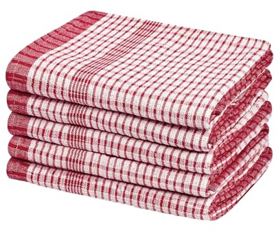 Westlane Linens Wonderdry Cotton Kitchen Tea Towels – Absorbent, Lint-Free, Quick Dry Dish Cloths Pack of 5 (Red)