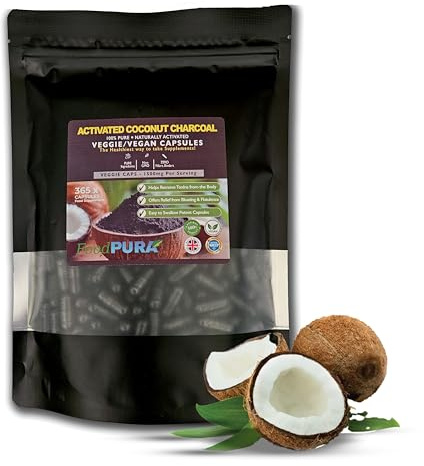 FoodPURA 100% Natural 365 High Strength Coconut Activated Charcoal Capsules not Tablets 1500mg Digestive Support Reduces Bloating & Flatulence After Eating Vegan(365)