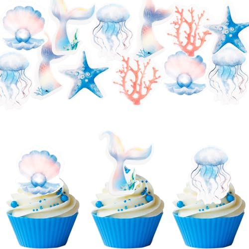 Gleevio Meerjungfrau Tortendeko Essbar 48 Stück Meerjungfrau Cupcake Topper, Meerjungfrauen Kuchen Deko Essbar, Esspapier Tortendeko Geburtstag, Ozean Muffin Deko für Kindergeburtstag Hochzeit