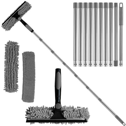 4.5M Window Squeegee Cleaning Equipment,Glass Cleaning Tools with Long Handle, with 10 Pole, 2 Microfiber Cloth Brush &Squeegee, Cleaning Kit for Indoor/Outdoor High Window, Wall, Car (Gray)