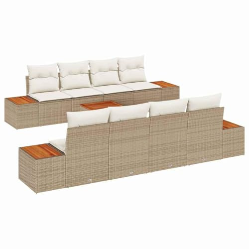 vidaXL 9-teiliges Garten-Sofa-Set mit Kissen in Beige aus Poly Rattan und Akazienholz. Stylische Sitzgelegenheit für 5 Personen. Terrassenmöbel, Couch, Lounge und modulares Patio.
