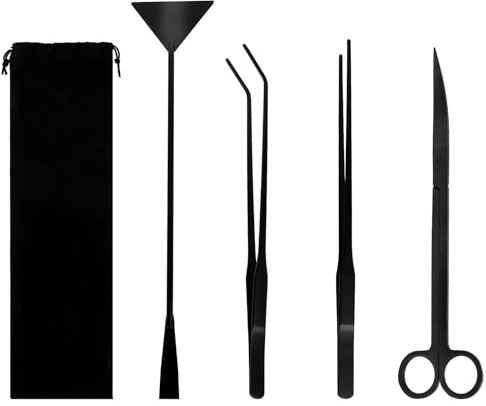 Terrarium Tools Set, 4 in 1 Aquarium Aquascape Tools Starter Kit | Anti-Rust Plant Stainless Steel long Tweezers Scissors Spatula Set for Aquarium Aquatic Plants Clean Fish Tank Sets,Black