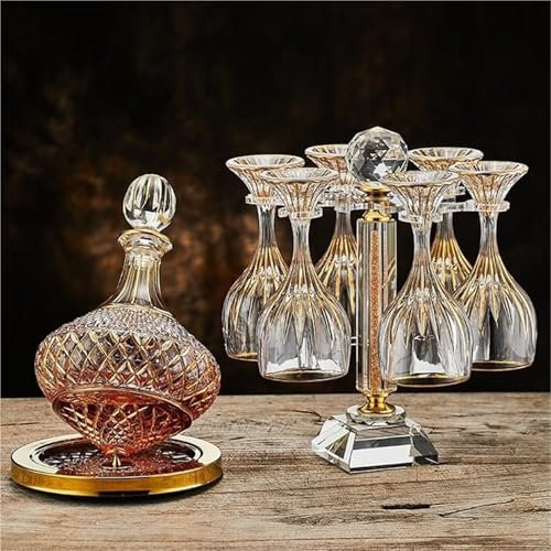Carafe A Decanter Whisky - Statue Bouteille Whisky, Ensemble De Carafe À Vin Rotative En Or De 1500 Ml, Carafe À Vin En Cristal À Bouchon Rouge, Bouteille À Carafe Peinte En Or Avec Six Verres(Jug of