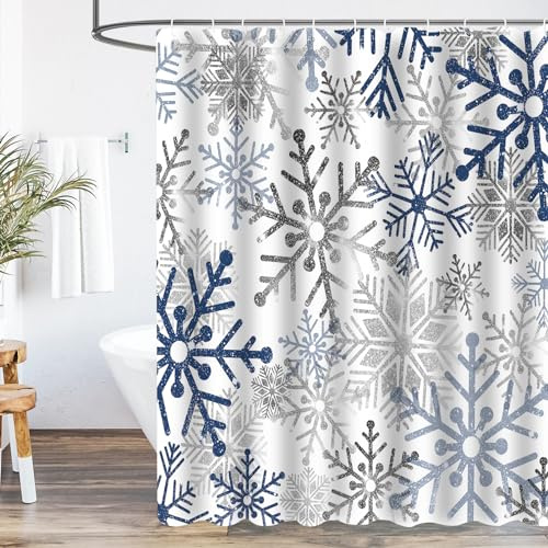 Yeahshion Rideau de Douche Noël 183x183 cm Anti-moisissure, Rideau de Baignoire en Tissu Imperméable pour Salle de Bain, Séchage Rapide, Flocon de Neige