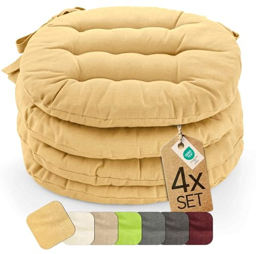 etérea 4er Set Sitzkissen Outdoor 38x38 Rund mit Bändern - Stuhlkissen Beige für Gartenstuhl & Innenbereich - waschbare Sitzauflagen Gartenmöbel - 4 Stück Kissen 38x38 cm - Beige