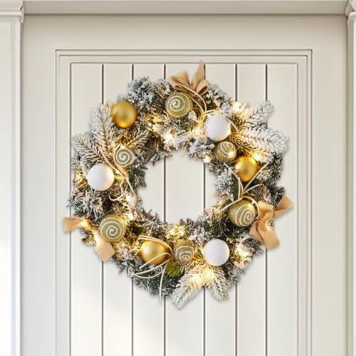 JOYWU Christmas Wreath with Led Light,40cm Lighted White Snow Flocked Winter Wreaths with Xmas Ball,Bow,Ribbon and Gifts Box,Snowy Flocked Xmas Wreath Decor for Fireplaces Walls Windows (Gold)