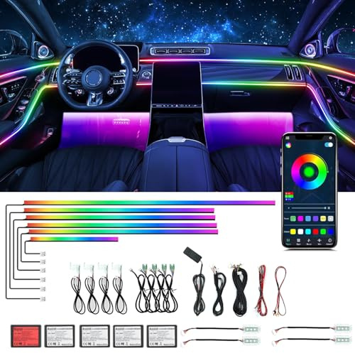 Acryl-Innenraumbeleuchtungsset für Autos,Bphuny 18-in-1 593 LEDs,Glasfaser,mehrere Modi,Dekorations-Atmosphärenlichter mit Musik,dynamischem Regenbogenrhythmus,RGB-Neonlichter für alle Autos