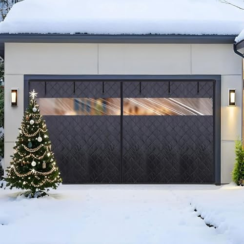 Garageportsisoleringskit passar 9x7FT magnetisk värmeisolerad dörrgardin för vintern, termiskt dörrskydd med synliga fönster, förtjockad bomullsgarageportsnät för 1 bil(Black,W229xH290cm)