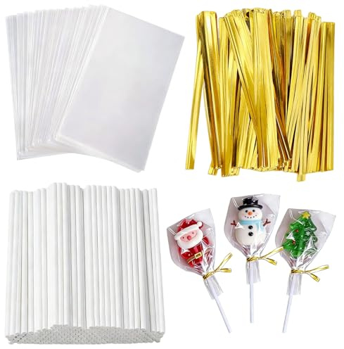 600 Pcs Cake Pop Sticks and Wrappers Kit, Clear Candy Chocolate Packaging Bag Set 200 Lollipop Sticks and 200 Clear Candy Bags and 200 Gold Bows for Baking and Party Sweets Decorations