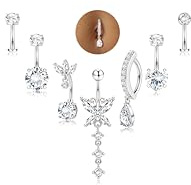 ORAZIO 7 Pièces Piercing Nombril Acier Chirurgical Femme 10/12 MM Percing Au Nombril Argent Hypoallergénique Zircon Fleurs Papillon Piercing Anneau Femme