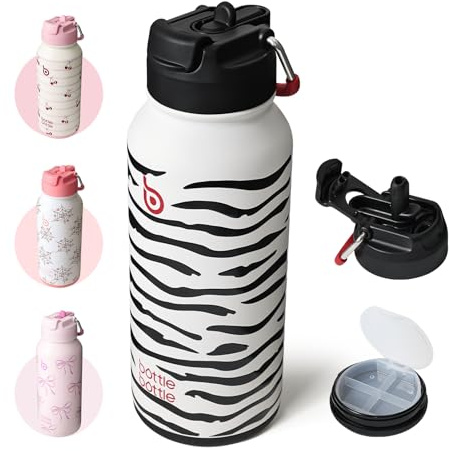 BOTTLE BOTTLE Edelstahl Trinkflasche 850ml Strohhalm&Pillenfach Sport Zebra Stripe