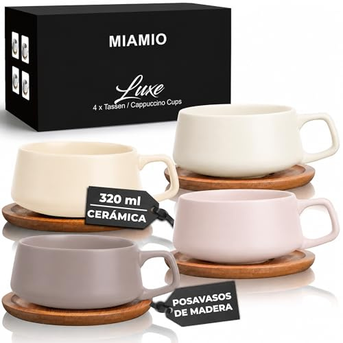 MIAMIO - Cappuccinokoppar Set om 4, Keramik (320ml) - Luxe (Cream Rose) | Keramiska cappuccinokoppar med fat, för latte, espresso och americano, set om 4, tål diskmaskin, för daglig användning