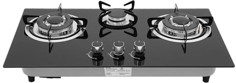 Hanmorfarbi Piano cottura a gas a 3 fuochi, con regolatore di fiamma, 3,3 kW, in acciaio inox e vetro nero, per NG/LPG, con set di ugelli e istruzioni in inglese per cucina, campeggio, camper