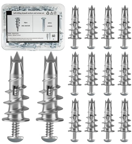 BIATOE Rigipsdübel Metall, 60Pcs Selbstbohrende Hohlwanddübel mit Schrauben | 30 Dübel + 30 Schrauben, Hohlwanddübel für Gipskarton, Hochbelastbar, für Regale, Lampen, Spiegel & Gardinen