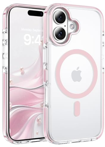 YINLAI Cover per iPhone 16 da 6.1, compatibile con MagSafe, protezione antiurto militare cover trasparente anti-ingiallimento sottile custodia per telefono per iPhone 16, rosa chiaro