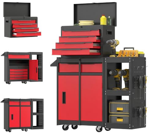 HOMCOM Tool Cabinet on Wheels with Side Rack, Pegboard, 3 in 1 Modular Red