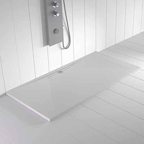 Piatto doccia in resina WIDE scarico lineare laterale Colore Bianco 80x70 finitura effetto ardesia antiscivolo, griglia dello stesso colore e piletta