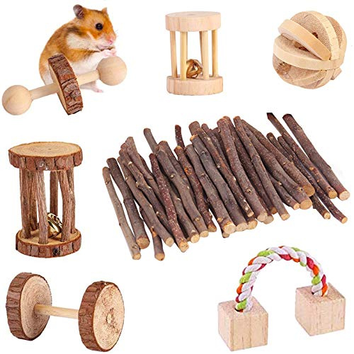 Komoyo Giocattoli da masticare per criceti, 7 pezzi di accessori in legno per gabbie per piccoli animali, giocattolo per attività in legno naturale Ruota per esercizi Denti molari per cincillà di topo
