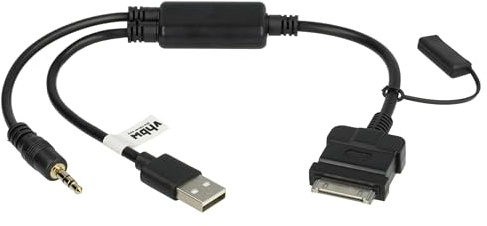 vhbw Câble audio voiture compatible avec iPod, Apple iPod 20GB, Nano, 15GB, Classic, 30GB, 10GB, Photo, 60GB, 40GB - Adaptateur en Y, 350 cm, noir
