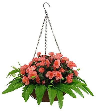 Haus und Hof Urlaub Hübsche Seide Künstlicher Grüner Farn Persisches Gras Und Künstliche Champagner Azaleen Blume DIY Kette Hängender Korb Neujahrsdekoration (Big Basket)