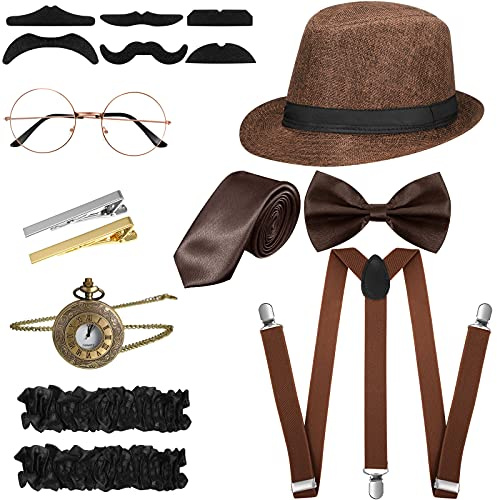 Blulu Set Accessori Costumi Uomo Anni '20 Costume da Gangster Retrò, Cappello, Papillon, Orologio, Bretella, Occhiali, Barba, Bracciale Reggicalze, Fermacravatte (Stile Semplice, Marrone)