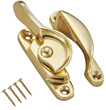 TERF® Traditional Vintage Polished Brass Sash Window Lock Catch Latch Fitch Fastener With Fixing Screws For Wood Aluminium UPVC Vinyl Frames - Pack of 1
