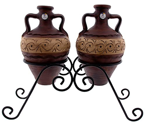 CERÁMICA RAMBLEÑA | Cántaro de Barro Tradicional | Conjunto cántaros 19x19x32 cm x2 + Soporte Forja | Cántaro de Barro asa Doble - Modelo D03 | 100% Hecho a Mano | 4 litros | Conjunto 55x20x43 cm