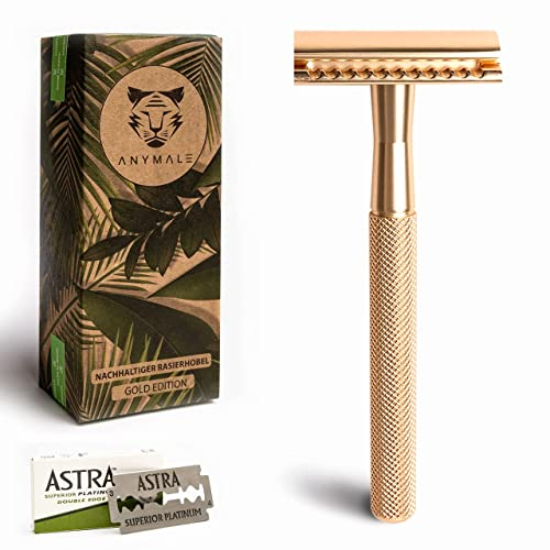ANYMALE® Rasierhobel Gold Edition - inklusive 5 ASTRA Klingen - Plastikfreier Damen Rasierer aus Metall