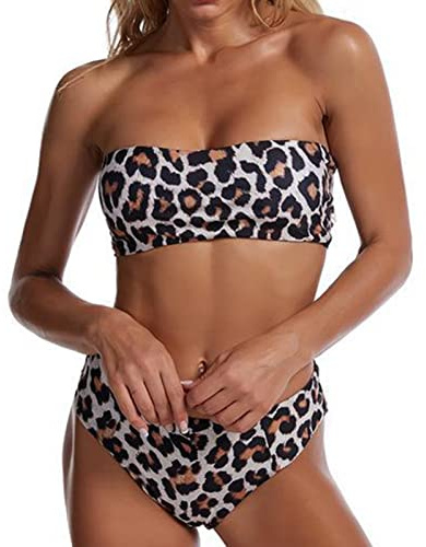 Femmes Maillots de Bain sans Bretelles Bandeau Bikini Ensemble Maillot de Bain Sexy Imprimer Taille Haute Deux Pièces Maillots de Bain Ensemble Maillot de Bain pour Les Femmes(XL-Imprimé léopard)