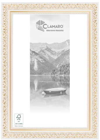 CLAMARO 'FRIEDRICH' Bilderrahmen Antik 30x40 Massivholz | Weiss Gold | Shabby Chic Vintage Barock | Holzrahmen inkl. Acrylglas, Rückwand, Aufhänger (Querformat & Hochformat)